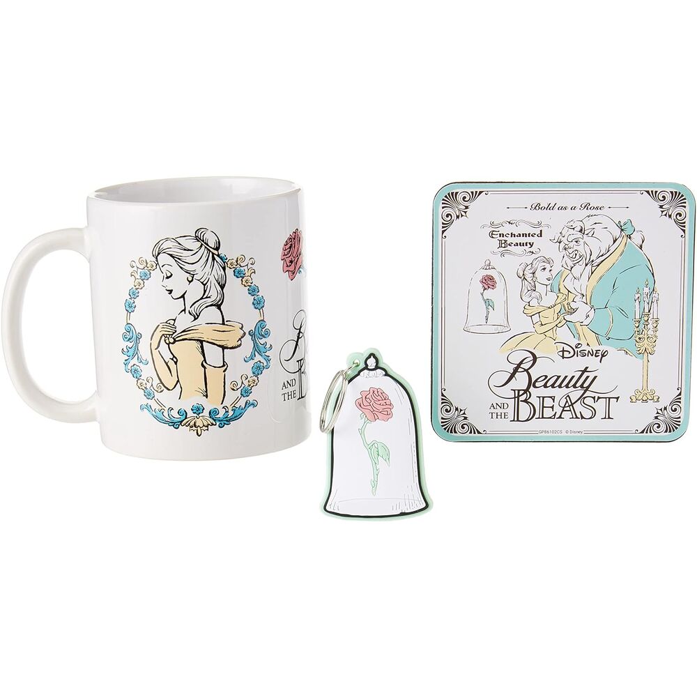 Disney Die Schöne und das Biest Tasse + Schlüsselanhänger + Untersetzer-Set